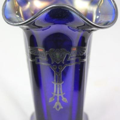 Rockwell Silver Company Art Deco Sterling Silver overlay cobalt blue glass vase circa 1920â€™s-30â€™s (6â€)