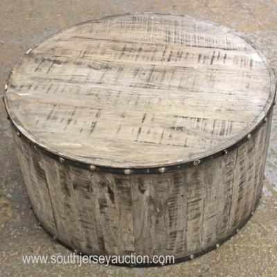  Distressed Wood Metal Banded Round Coffee Table 