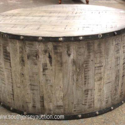  Distressed Wood Metal Banded Round Coffee Table 