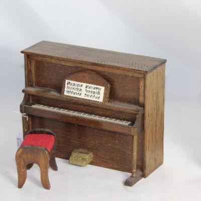 Wood Doll House Furniture: Grandfather Clock, Upright Piano and Bench & Bow Front China Cabinet 