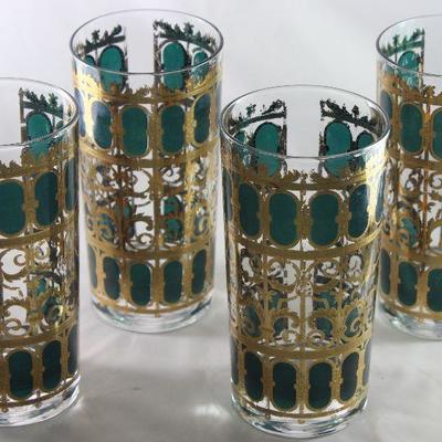 Culver Ltd.  Mid-Century 22 Karat Gold Decorated/Green Stain Thumbprint Tumblers (Set 4)