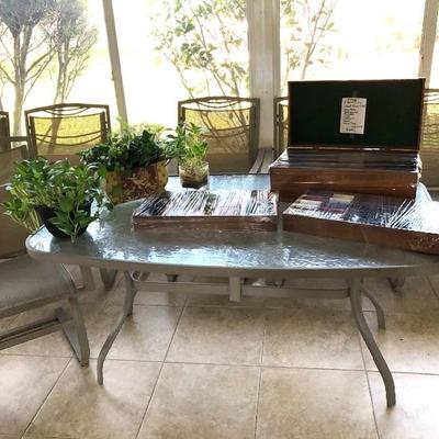 Gray Powder-coat  Patio Table w/embossed glass top (leaf pattern) and 6 Spring Arm Chairs - $525