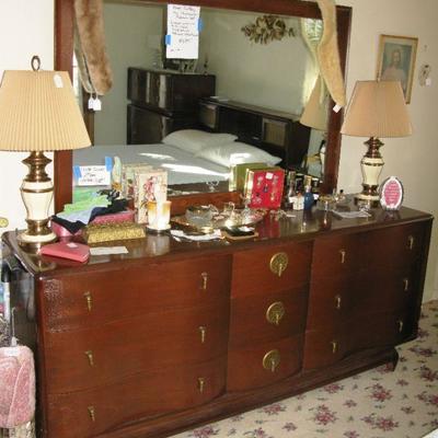 Kent Coffey "The Penthouse" bedroom suite  Dresser with mirror,
full size bed, step end table and large chest of drawers...