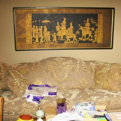 Plunket sofa  BUY IT NOW $ 95.00 and matching love seat BUY IT NOW $ 75.00
Asian art above sofa   BUY IT NOW $ 60.00