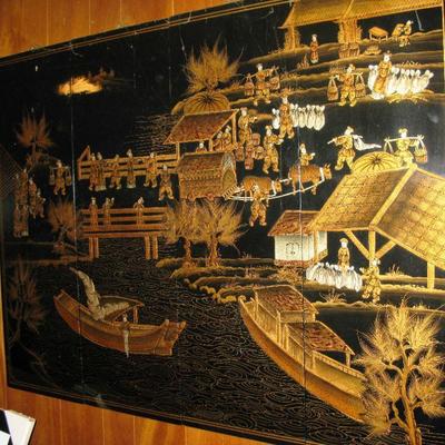 4 panel Asian black lacquer wall hanging    BUY IT NOW $ 125.00