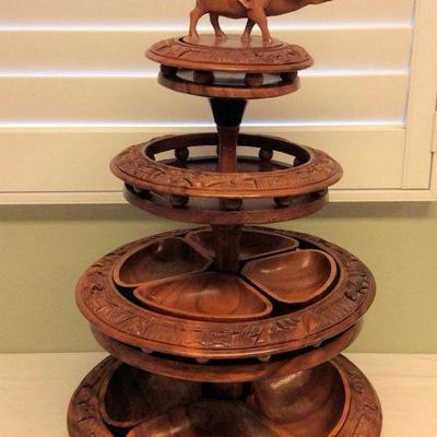 MVP064 Vintage Carved Monkey Pod Wood Lazy Susan