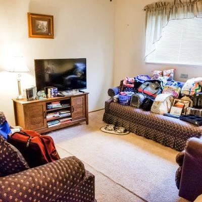 Matching sofas, Flatscreen TV, TV console cabinet. 