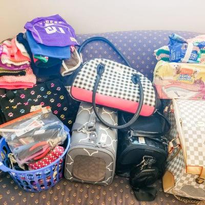 Small dog travel purse, small dog clothing, leshes and more