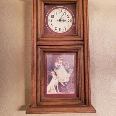 WOOD MANTLE SHELFCLOCK WITH "LITTLE GIRL AND HER DOG" $25