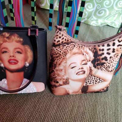 (No. 149) Marilyn Monroe Purse on left, with pearl earrings and white sequined dress.  approx 10-12" tall ~ $25.  (No. 150) Leopard...