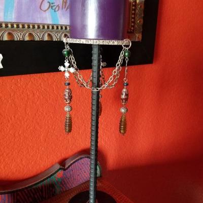 (No. 155) Iron Re-bar industrial style very heavy candle holder with some bling hanging.  Measures 15" without the candle.  Purple...
