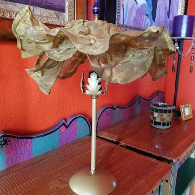 (No. 156) Unique and whimsical gilded small lamp about 15" tall.  Works, plugs in, has gold base and a gold mesh painted lampshade!...