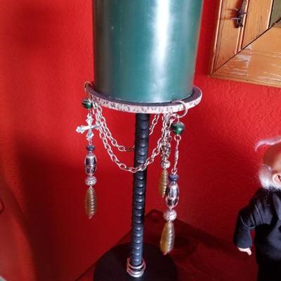 (No. 153) Unique iron re-bar industrial style candle holder (heavy) with bling! Measures 10" without the candle.  Blue Candle...