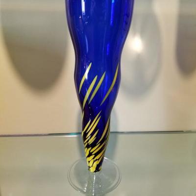(No. 144) Royal blue vase/goblet  with yellow ~ footed~ 8" tall ~ $20
