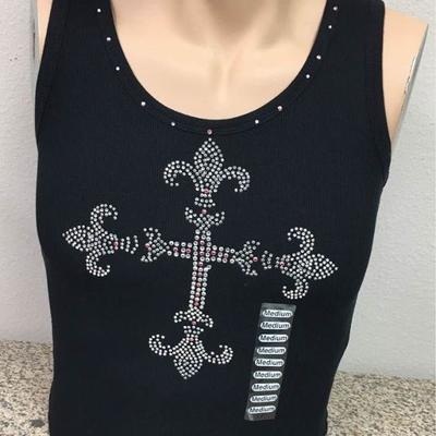 https://www.ebay.com/itm/124142007273 KB0074: Bedazzled Black Tank Top with Fleur De Lis Cross Medium