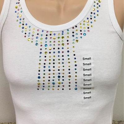 https://www.ebay.com/itm/114171898137 KB0077: Bedazzled White Tank Top with Multi Color Detailing Small