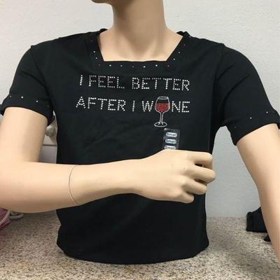 https://www.ebay.com/itm/124142017336 KB0083: Bedazzled Black "I FEEL BETTER AFTER WINE" Short Sleeve Shirt Small