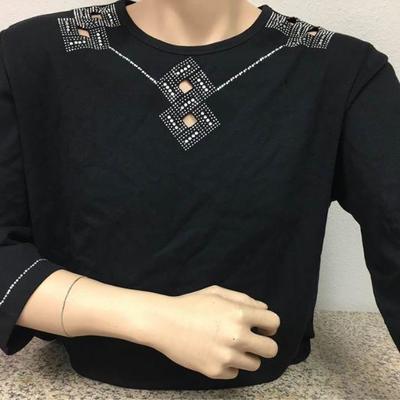 https://www.ebay.com/itm/124142012407 KB0078: Bedazzled Black Longsleeve Top with small Arm, Shoulder, and Chest cutouts 1X