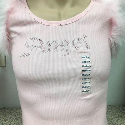 https://www.ebay.com/itm/114171772281 KB0070: Bedazzled Pink "Angel" Tank Top with Feather trim and Wings on Back Small