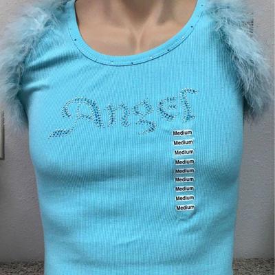 https://www.ebay.com/itm/124141998271 KB0071: Bedazzled Blue "Angel" Tank Top with Feather trim and Wings on Back Large