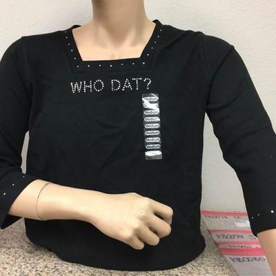 https://www.ebay.com/itm/124142013439 KB0079: Bedazzled Black "WHO DAT? WE DAT!" 3/4 Sleeve Shirt Medium