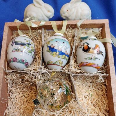 Lot 7: Easter Smalls-Hutschenreuther Eggs, Vintage Bisque Bunnies, Painted Glass Egg in Crate  $30