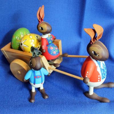 Lot 2: Herman Finck Wooden Rabbits with Eggs and Cart-seated girl needs regluing in place   $50