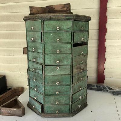 Hardware nuts and bolts and dye cabinet with stand.  Needs TLC.  