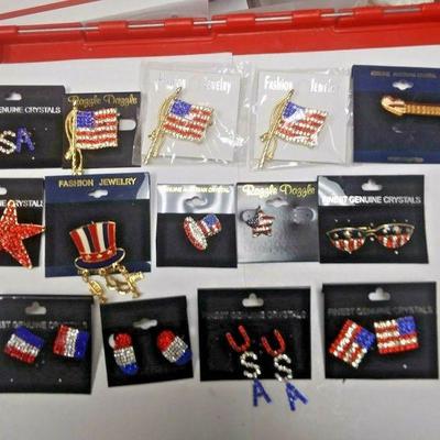 https://www.ebay.com/itm/124206099756	AB0404 LOT OF 14  PATRIOTIC AMERICAN FLAG EARRINGS, PIN, AND BROOCHES. LOT  CONT	 Auction 
