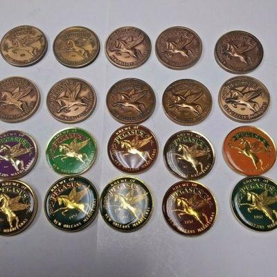 https://www.ebay.com/itm/114242646238	AB0388 LOT OF 20 KREWE OF PEGASUS  BRONZE HEAVIES &  MULTI'S  MARDI GRAS DOUBLOO	 Auction 

