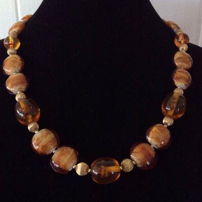 MMC053 Hand Blown Glass Beaded Necklace, Honey Toned