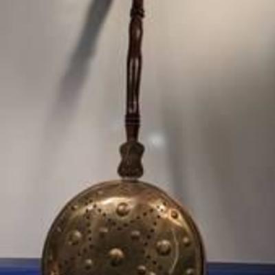 brass copper and wood bed warmer