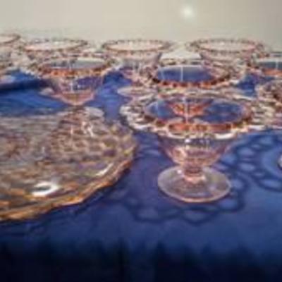 10 pink tinted fruit bowls and platter
