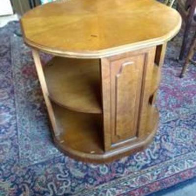 2 shelf wood table 25 in across 24 in tall