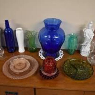 Collection of Colored Glass Items -Ruffled Edge Fairy Lamp, Red, Green Divided Tray, Pink Depression Glass Plates & Cup, Vases &...
