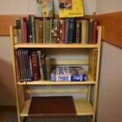 Collapsible Bookshelf w. Cool Old Vintage Books -Large Encycopaedia Britannica Atlas Hardy Boys Walton Boys, etc