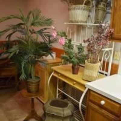 Home Decor Lot, Assorted Greenery, Chest, Vintage Wood Footstool, Baskets, Vases & More