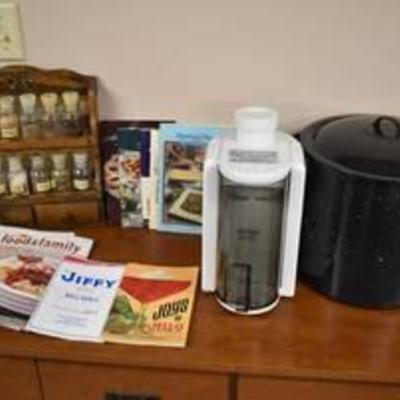 Kitchenware -Large Graniteware Enamel Canning Pot, Spice Rack, Cookbooks, Juicer & More