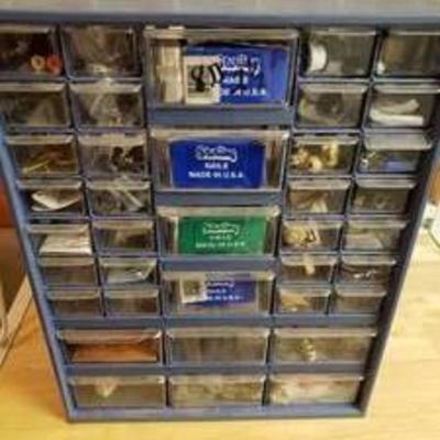 Gray Parts Cabinet w. Drawers Organizer w. Contents -Lots of Goodies Inside See Photos