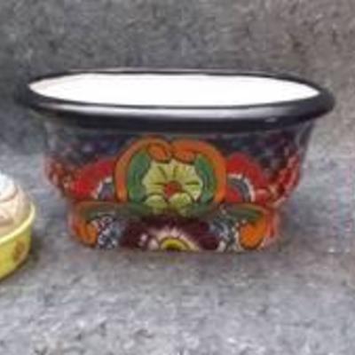 Three Decorative Pieces - Includes Depression Glass Vase and Hand Painted Mexican Flow Pot