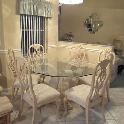 Glass Dining Room Table, 6 Chairs, Heavy Travertine Base and Beveled Glass Top Very Nice Set