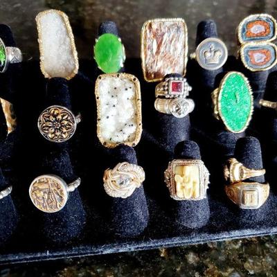 Geode rings, gold and silver jewelry