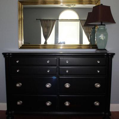 Darci 6-Drawer Double Dresser Dark Brown Espresso Finish (42â€H x 64â€H x 19â€D.  Shown below a Gold Metal Framed Mirror (54â€ x...