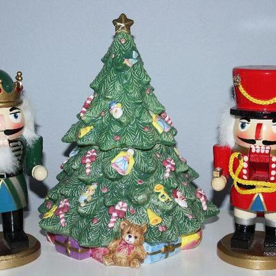 Small Wooden Nutcracker Soldiers shown with an Omnibus Ceramic Christmas Tree Cookie Jar