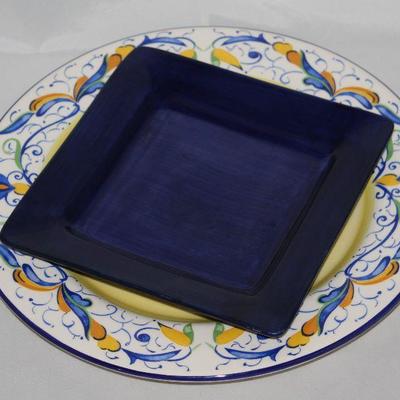 Pier One: â€œMirandelaâ€ 13â€ Service Plate/Charger.         (16 ea.)  and â€œEssential Coloursâ€  Navy Square Salad Plates (14 ea.)