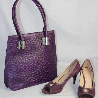 Marco Ventura Italian Eggplant Ostrich Leather  Handbag  Shown with Anne Taylor Loft Eggplant Suede and Smooth Leather Open Toe Heels
