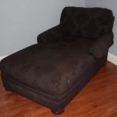 Brown Brocade Chaise Lounge on Wood Bun Feet
