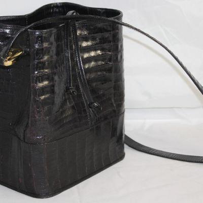Fabrizio Maglioni Made in Italy Black Reptile Leather Drawstring Handbag 