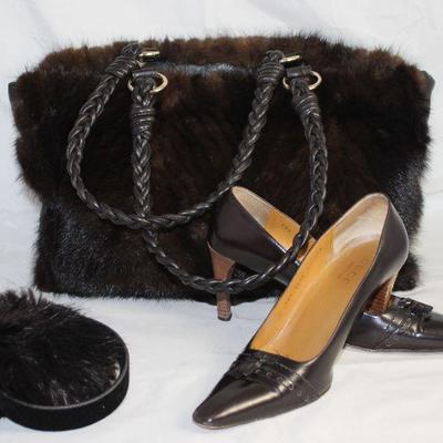 Paola Masi Italian Leather and Mink Handbag with Braided Leather Straps shown with Gucci Black Leather Size 7 1/2B Pump and a pair of...