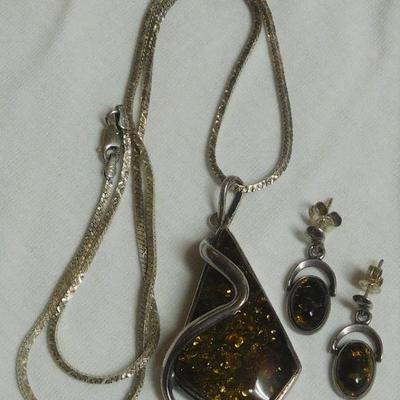 Sterling Green Amber Necklace and Earrings